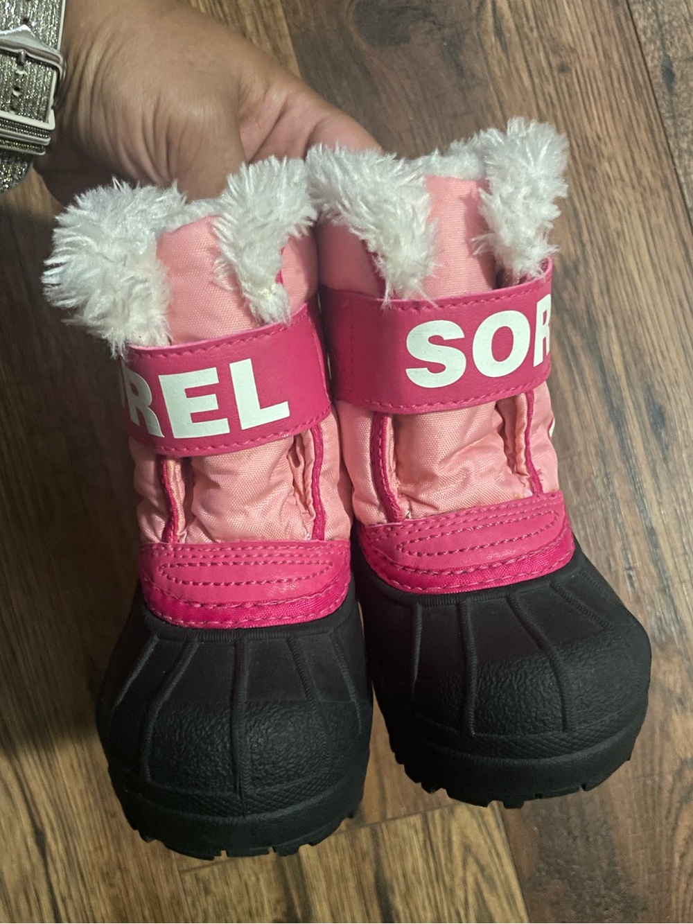 SOREL Toddler Snow Commander Waterproof Winter Boots Pink Black Faux Fur Size 5T